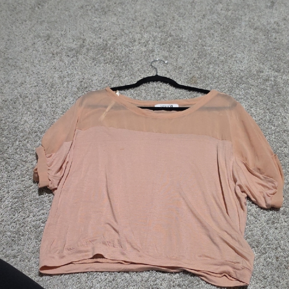 Forever 21 Peach Sheer Yoke Relaxed Short Sleeve Top